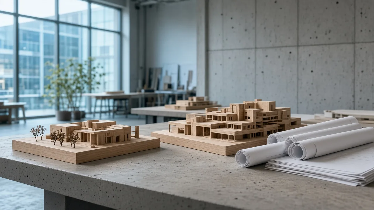 Prévia conceitual de um site para escritório de arquitetura: interior com luz natural